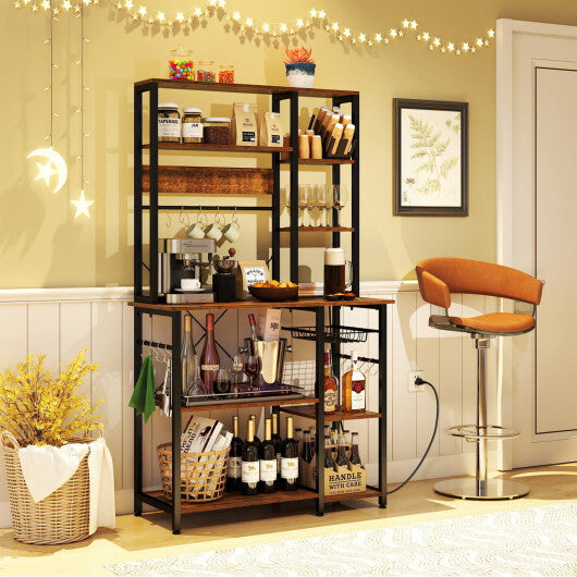 6-Tier Bakers Rack with Power Outlet Stand Wooden Open Shelves-Rusticbrown LuxuryLifeWay Online Store