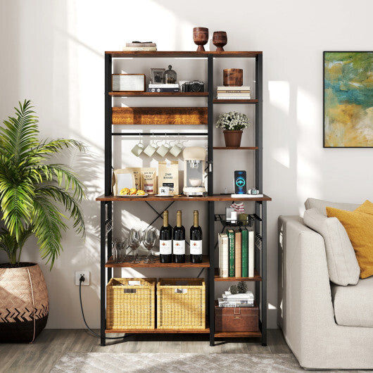 6-Tier Bakers Rack with Power Outlet Stand Wooden Open Shelves-Rusticbrown LuxuryLifeWay Online Store