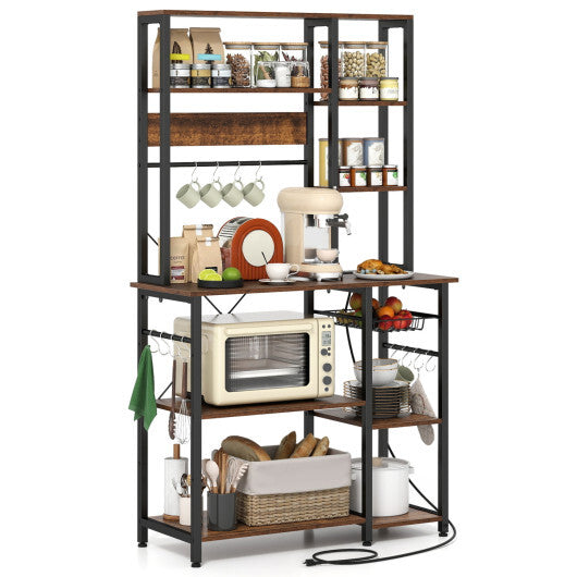 6-Tier Bakers Rack with Power Outlet Stand Wooden Open Shelves-Rusticbrown LuxuryLifeWay Online Store