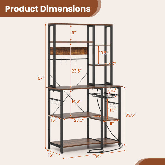 6-Tier Bakers Rack with Power Outlet Stand Wooden Open Shelves-Rusticbrown LuxuryLifeWay Online Store