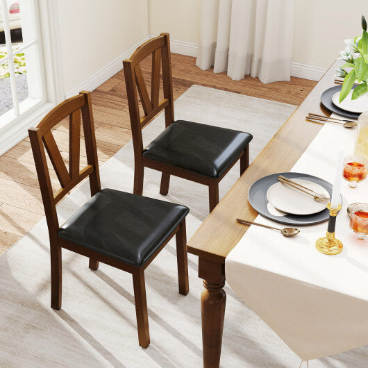 Wooden Dining Chair Set of 2 with PU Leather Upholstered and Rubber Wood Frame-Brown