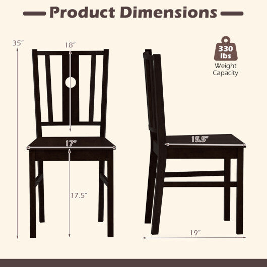 Set of 2 Solid Rubber Wood Kitchen Chairs with Slatted Curved Backrest-Coffee