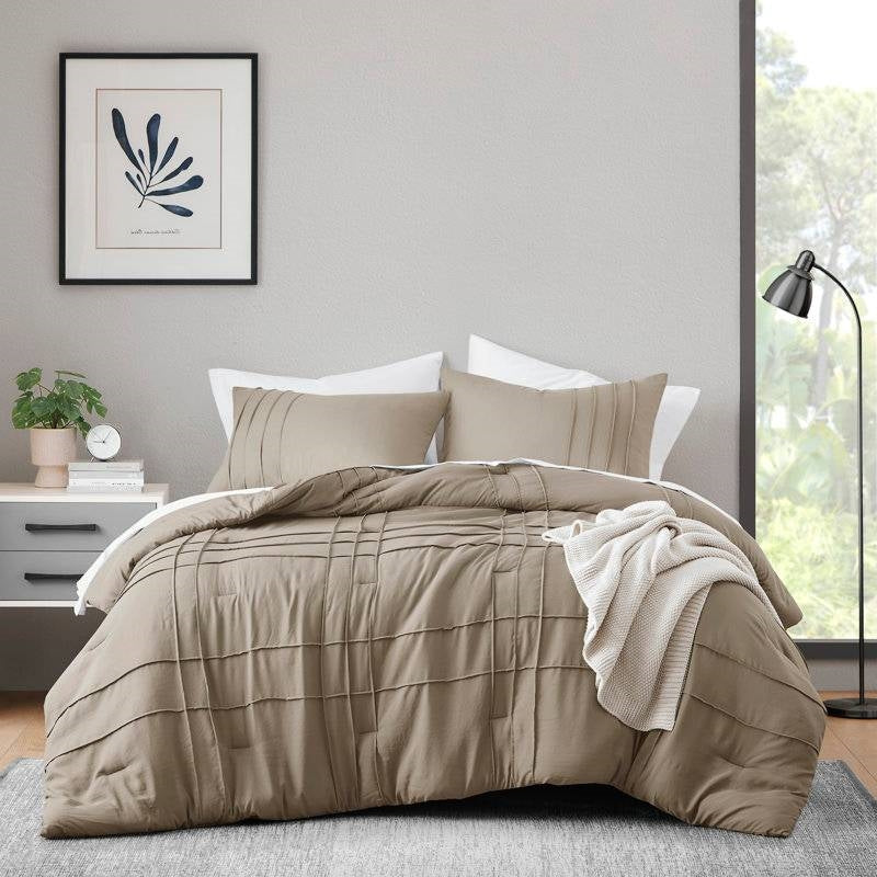 Queen size Microfiber Pleated Soft Lightweight Comforter Set Tan Khaki Taupe LuxuryLifeWay Online Store