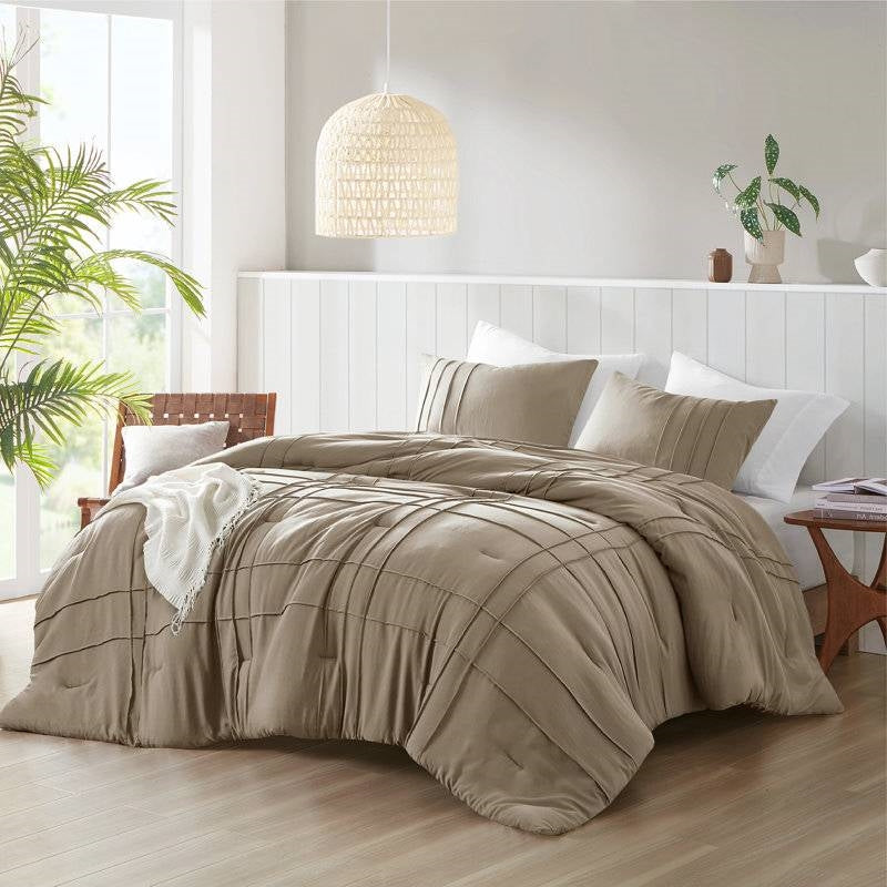 Queen size Microfiber Pleated Soft Lightweight Comforter Set Tan Khaki Taupe LuxuryLifeWay Online Store