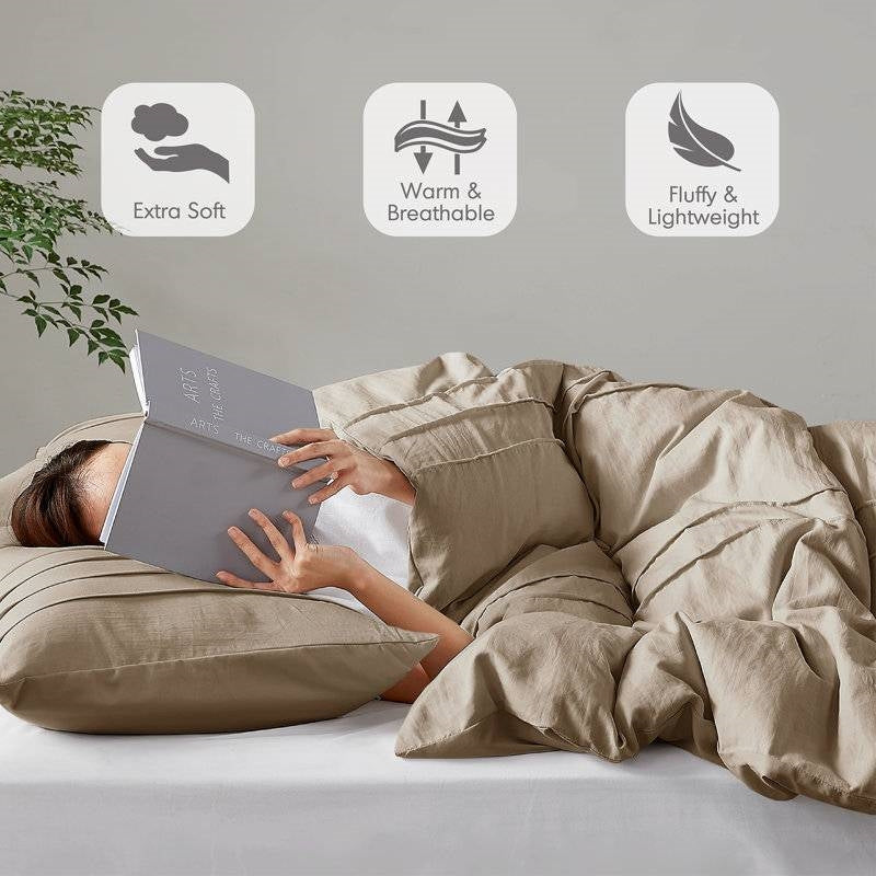 Queen size Microfiber Pleated Soft Lightweight Comforter Set Tan Khaki Taupe LuxuryLifeWay Online Store