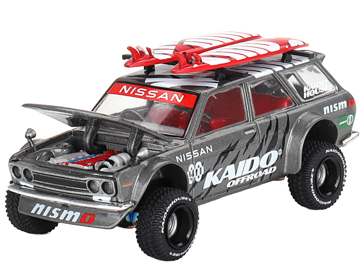 Datsun Kaido 510 Wagon 4x4 RHD (Right Hand Drive) "Kaido Offroad V1" Gray Metallic with Red Interior and Surfboards on Roof (Designed by Jun Imai) "Kaido House" Special 1/64 Diecast Model Car by Mini GT LuxuryLifeWay Online Store