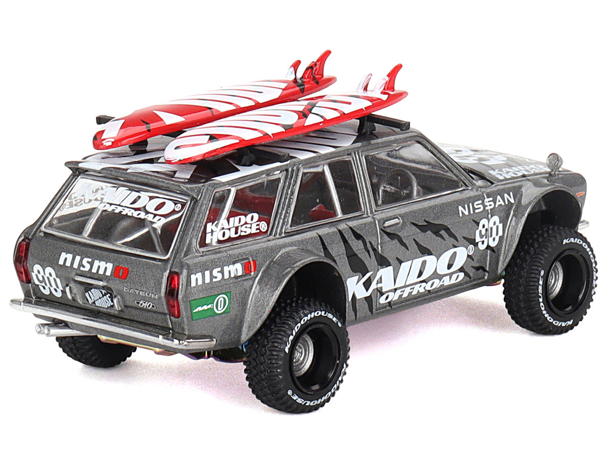 Datsun Kaido 510 Wagon 4x4 RHD (Right Hand Drive) "Kaido Offroad V1" Gray Metallic with Red Interior and Surfboards on Roof (Designed by Jun Imai) "Kaido House" Special 1/64 Diecast Model Car by Mini GT LuxuryLifeWay Online Store