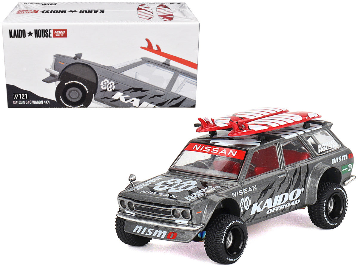 Datsun Kaido 510 Wagon 4x4 RHD (Right Hand Drive) "Kaido Offroad V1" Gray Metallic with Red Interior and Surfboards on Roof (Designed by Jun Imai) "Kaido House" Special 1/64 Diecast Model Car by Mini GT LuxuryLifeWay Online Store
