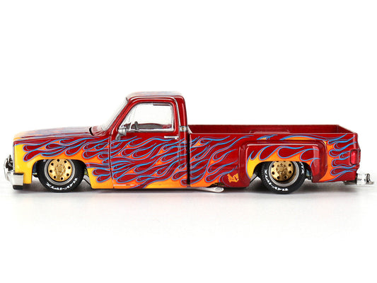 Chevrolet Silverado Dually Pickup Truck "On Fire V1" Red Metallic with Flames and Red Interior (Designed by Jun Imai) "Kaido House" Special 1/64 Diecast Model Car by Mini GT LuxuryLifeWay Online Store