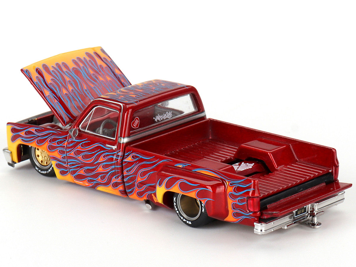 Chevrolet Silverado Dually Pickup Truck "On Fire V1" Red Metallic with Flames and Red Interior (Designed by Jun Imai) "Kaido House" Special 1/64 Diecast Model Car by Mini GT LuxuryLifeWay Online Store