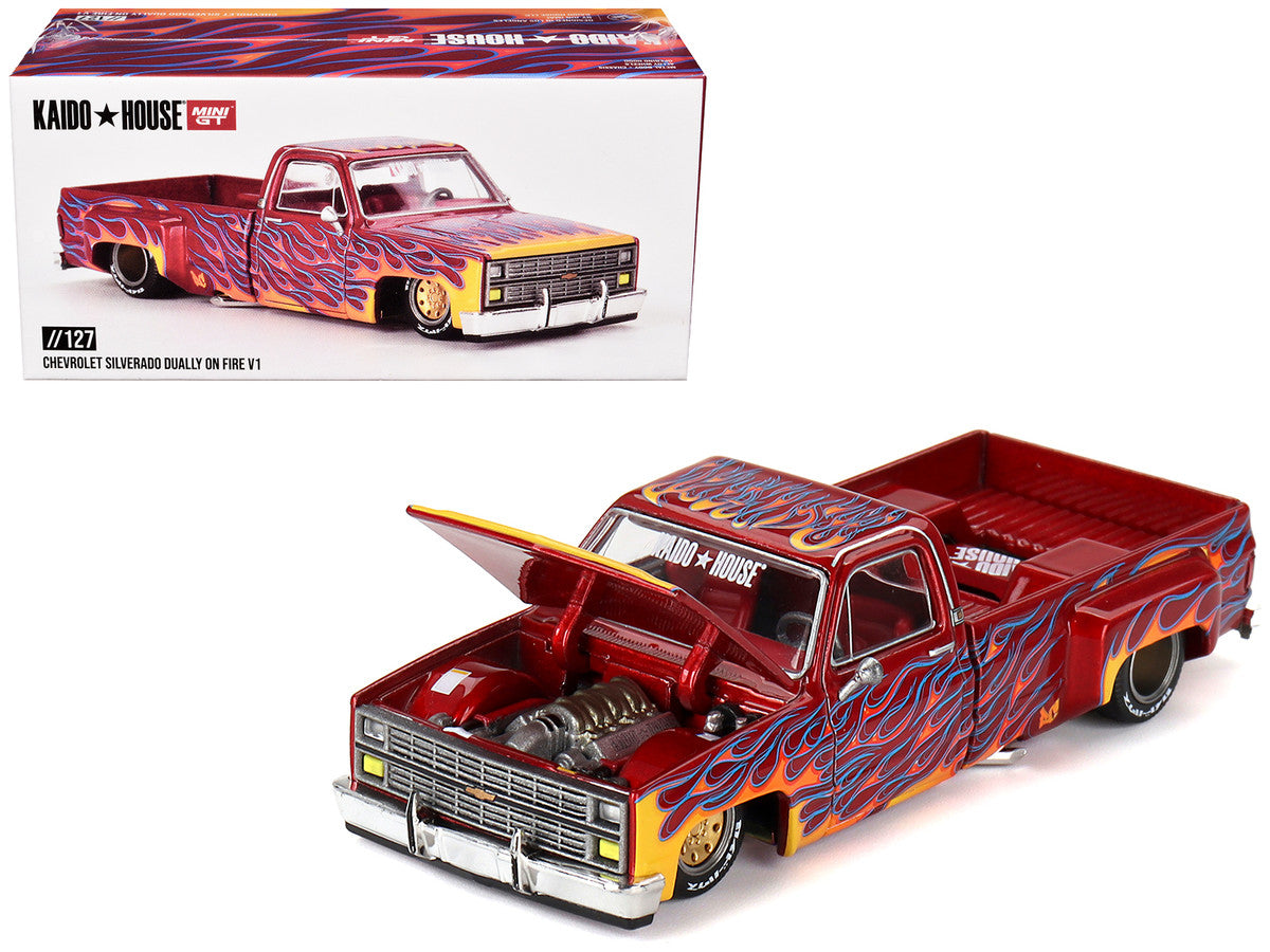 Chevrolet Silverado Dually Pickup Truck "On Fire V1" Red Metallic with Flames and Red Interior (Designed by Jun Imai) "Kaido House" Special 1/64 Diecast Model Car by Mini GT LuxuryLifeWay Online Store