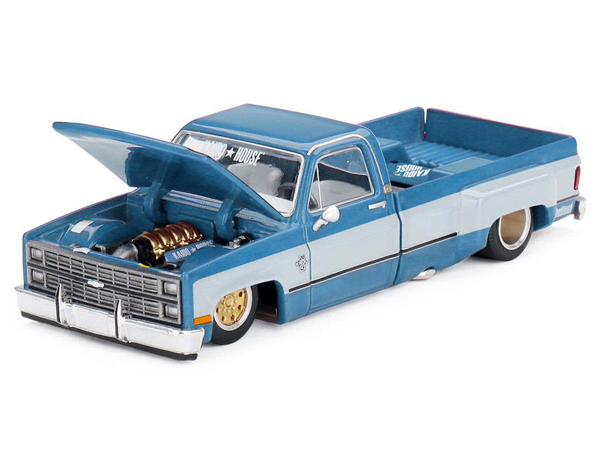 Chevrolet Silverado Dually Pickup Truck "Vintage Spec V1" Light Blue Metallic with White Sides and Interior (Designed by Jun Imai) "Kaido House" Special 1/64 Diecast Model Car by Mini GT LuxuryLifeWay Online Store