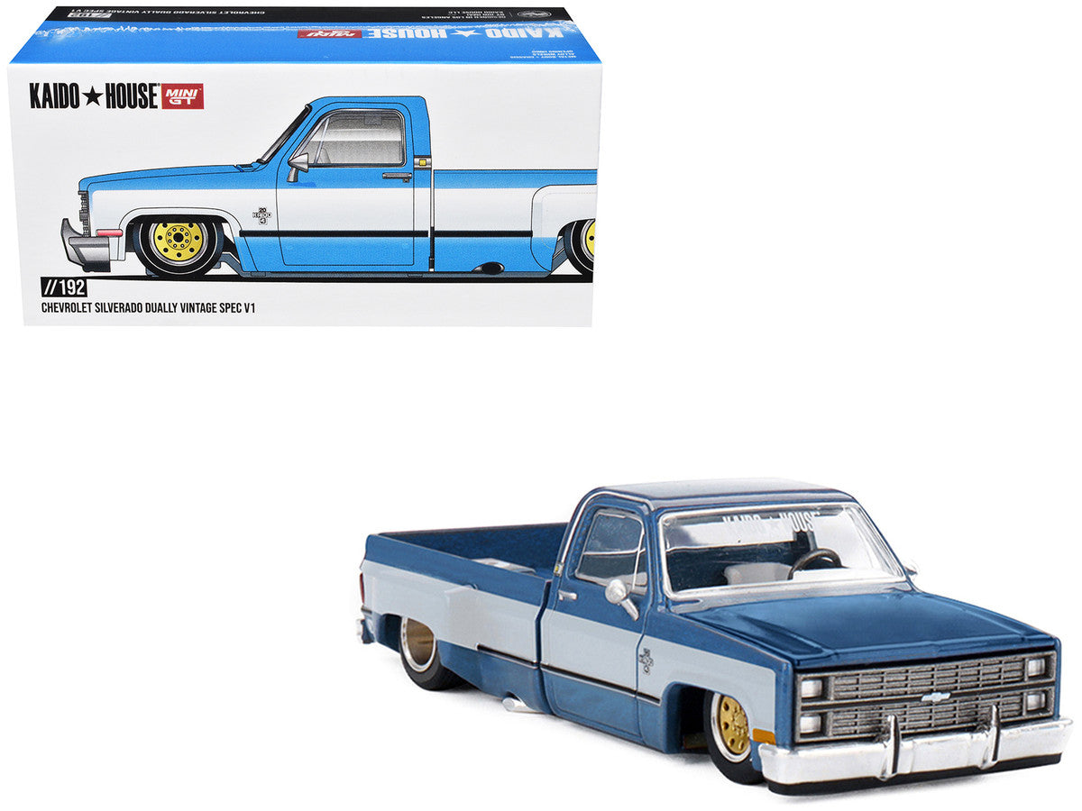Chevrolet Silverado Dually Pickup Truck "Vintage Spec V1" Light Blue Metallic with White Sides and Interior (Designed by Jun Imai) "Kaido House" Special 1/64 Diecast Model Car by Mini GT LuxuryLifeWay Online Store