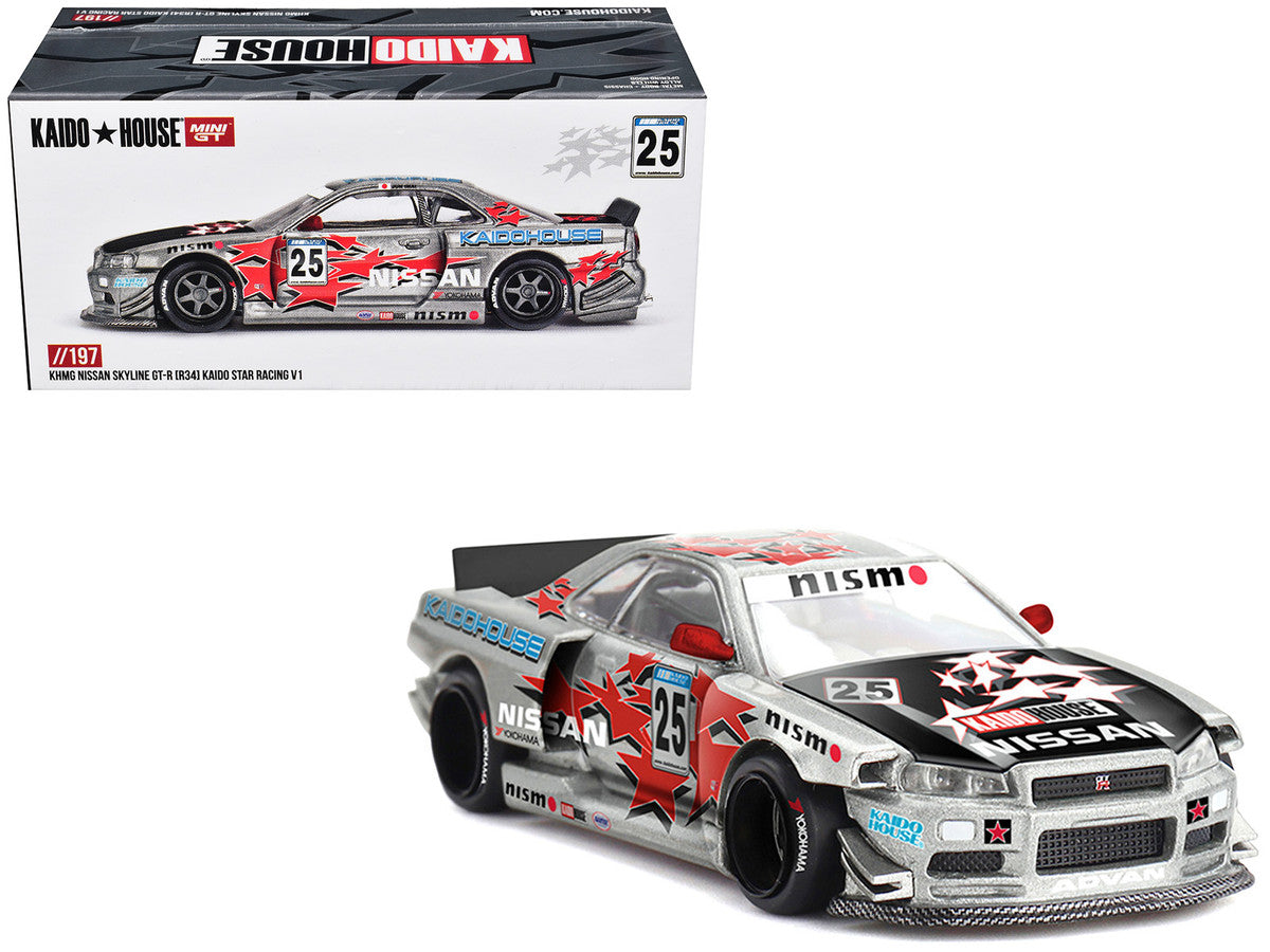 Nissan Skyline GT-R (R34) "Kaido Star Racing V1" RHD (Right Hand Drive) #25 Gray Metallic with Black Hood and Graphics (Designed by Jun Imai) "Kaido House" Special 1/64 Diecast Model Car by Mini GT LuxuryLifeWay Online Store