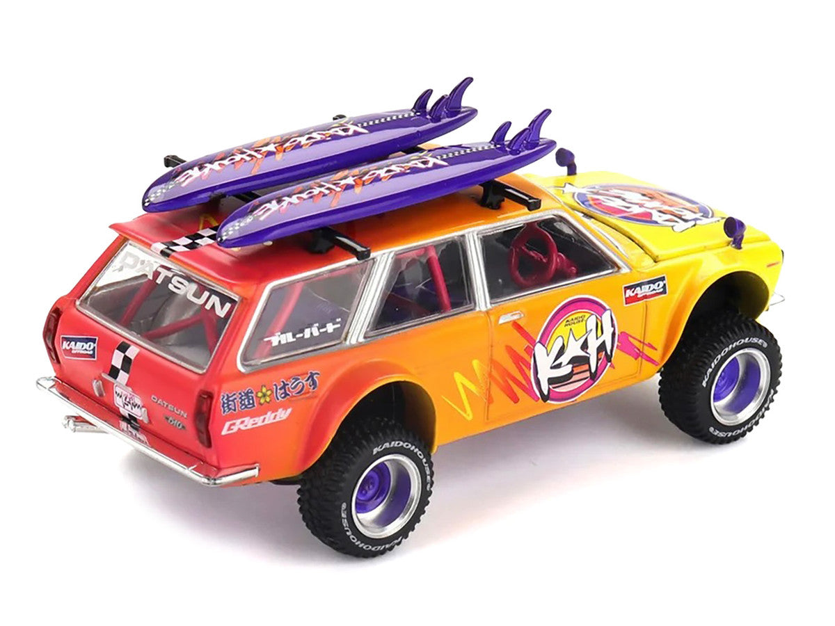 Datsun Kaido 510 Wagon 4x4 RHD (Right Hand Drive) "Kaido Islands V1" Yellow to Red Gradient with Surfboards (Designed by Jun Imai) "Kaido House" Special 1/64 Diecast Model Car by Mini GT LuxuryLifeWay Online Store