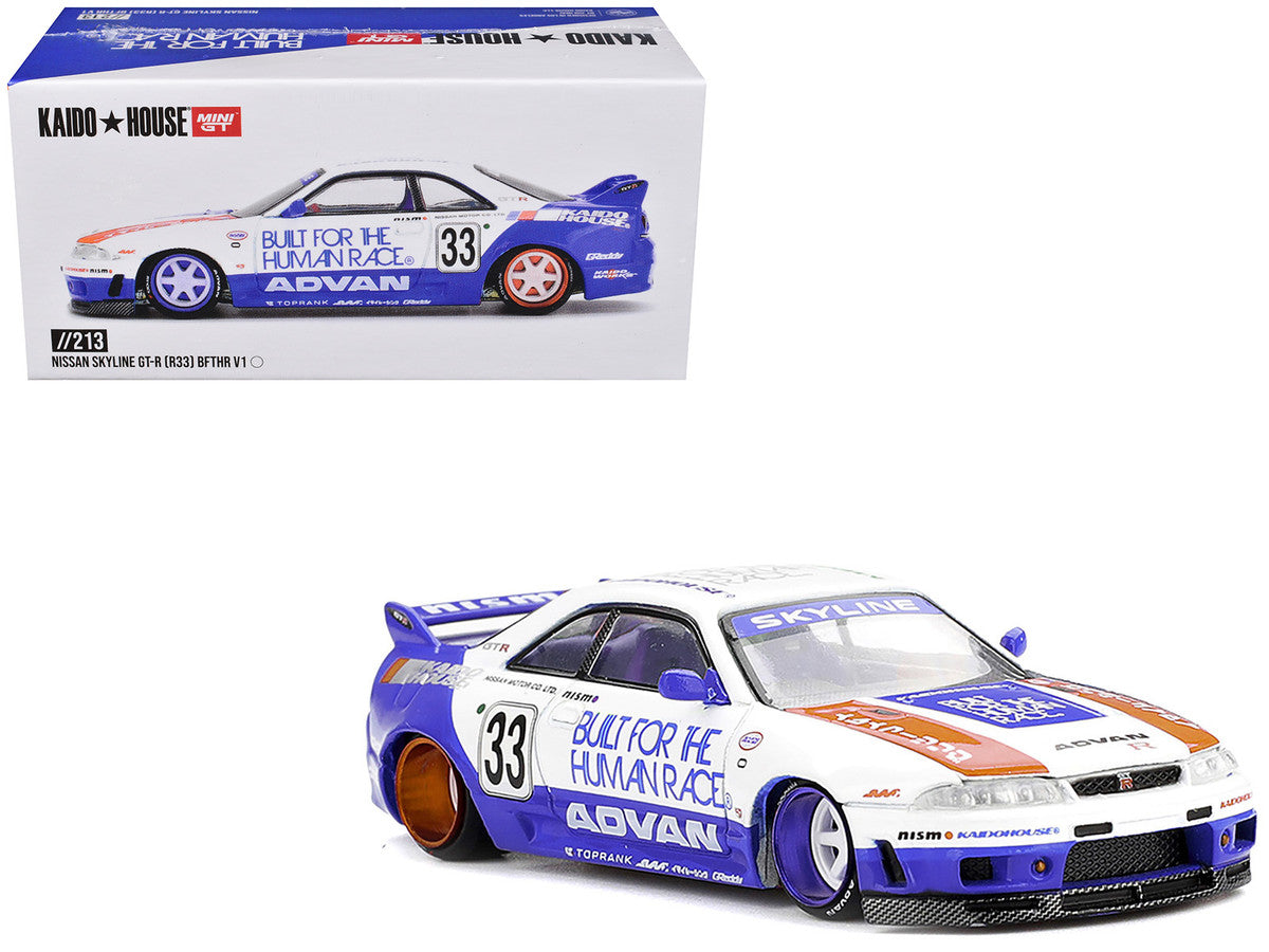 Nissan Skyline GT-R (R33) RHD (Right Hand Drive) #33 "BFTHR V1" Blue and White with Graphics (Designed by Jun Imai) "Kaido House" Special 1/64 Diecast Model Car by Mini GT LuxuryLifeWay Online Store