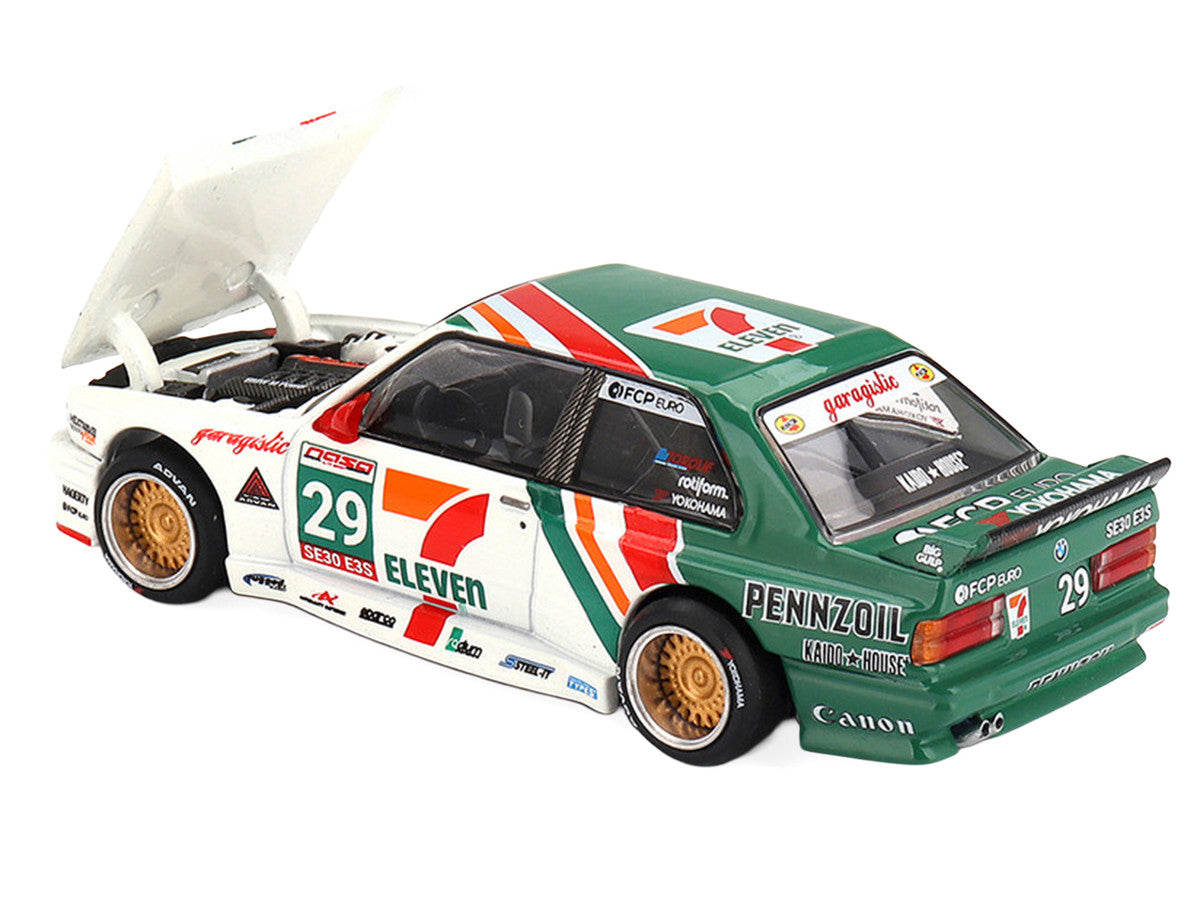 BMW M3 "Kaido Works Larry Chen V1" #29 "7-Eleven" White and Green with Graphics (Designed by Jun Imai) "Kaido House" Special 1/64 Diecast Model Car by Mini GT LuxuryLifeWay Online Store