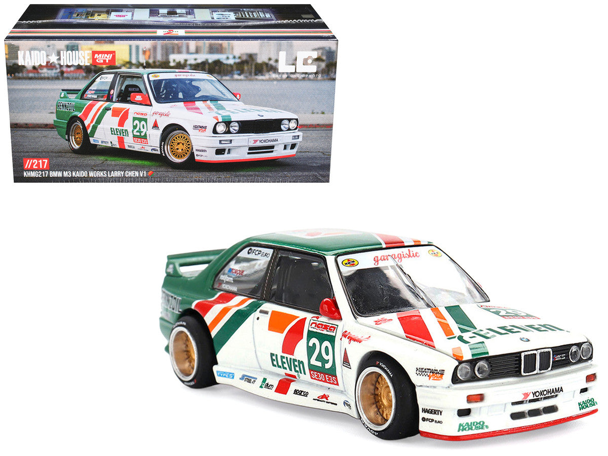 BMW M3 "Kaido Works Larry Chen V1" #29 "7-Eleven" White and Green with Graphics (Designed by Jun Imai) "Kaido House" Special 1/64 Diecast Model Car by Mini GT LuxuryLifeWay Online Store