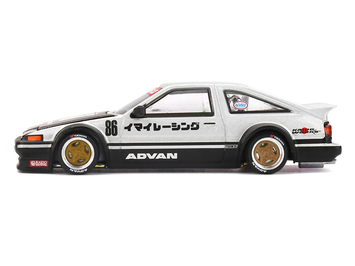 Toyota AE86 Sprinter Trueno RHD (Right Hand Drive) #86 "Kaido Street V2" Silver Metallic and Black with Carbon Hood and Graphics (Designed by Jun Imai) "Kaido House" 1/64 Die Cast Model Car by Mini GT LuxuryLifeWay Online Store