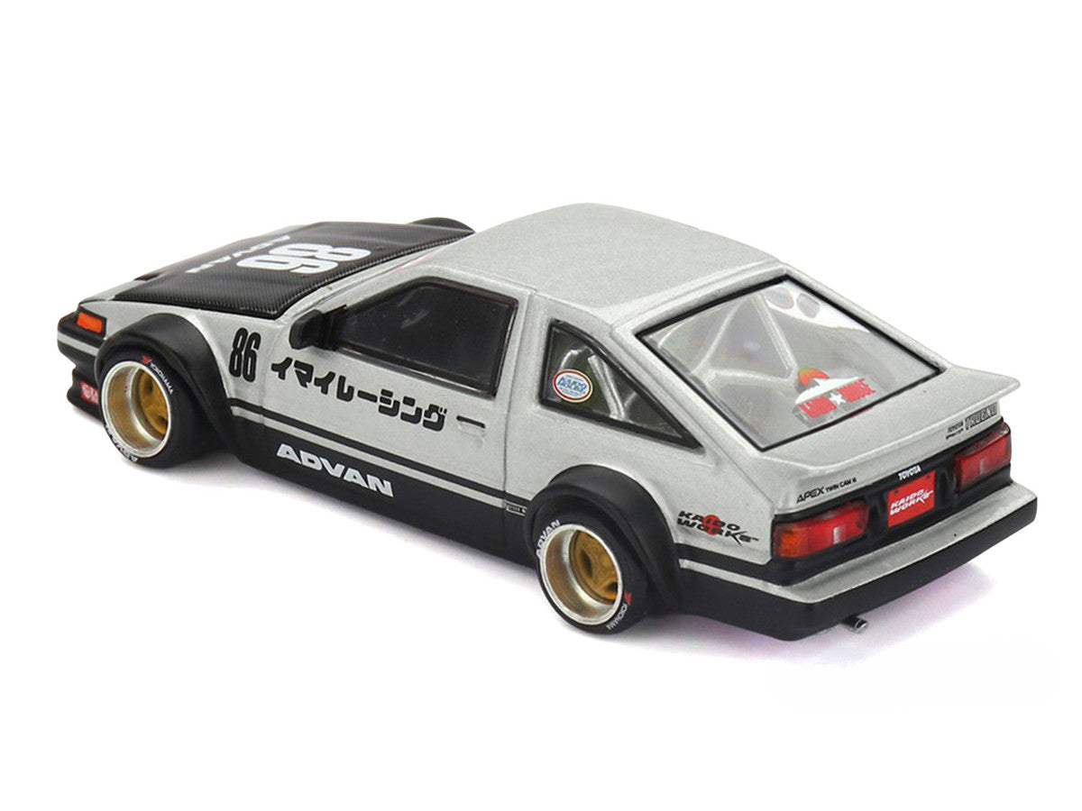 Toyota AE86 Sprinter Trueno RHD (Right Hand Drive) #86 "Kaido Street V2" Silver Metallic and Black with Carbon Hood and Graphics (Designed by Jun Imai) "Kaido House" 1/64 Die Cast Model Car by Mini GT LuxuryLifeWay Online Store