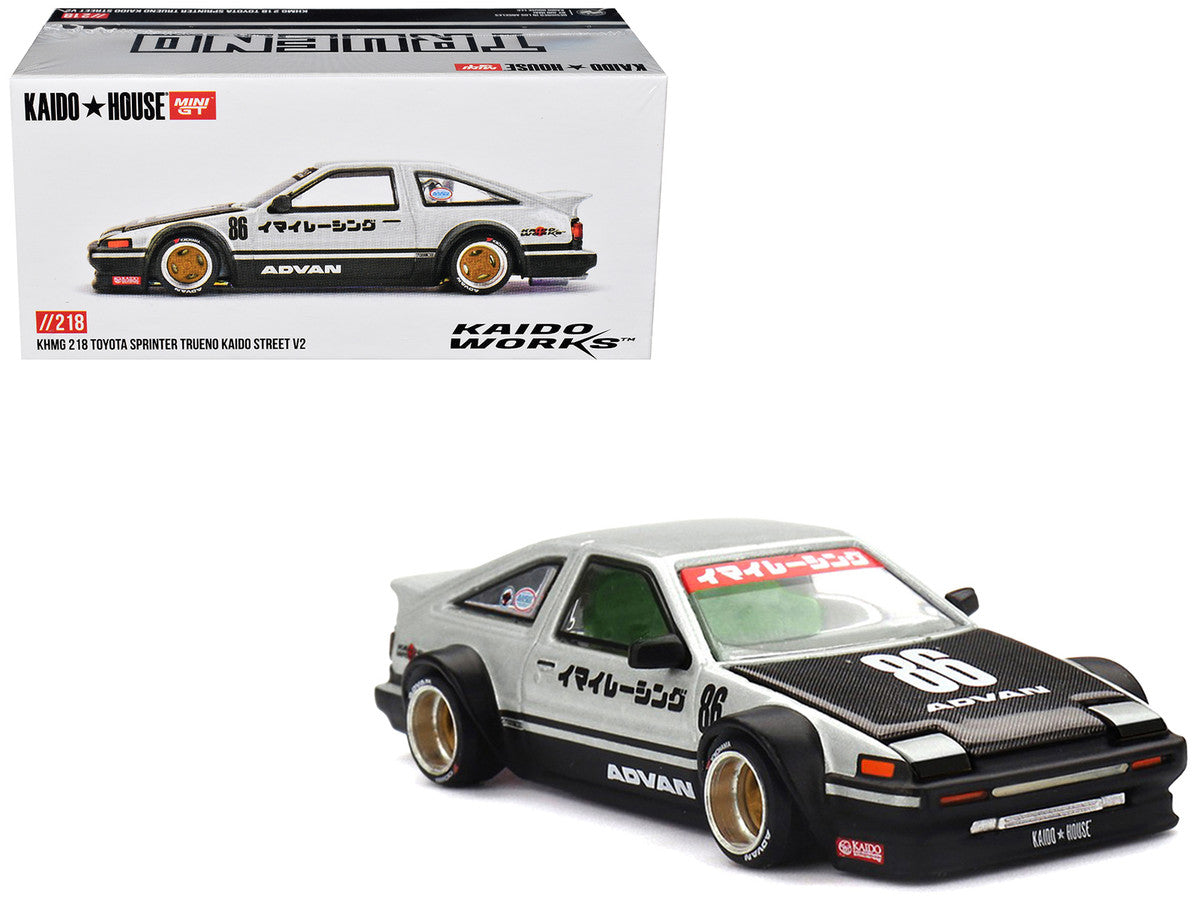 Toyota AE86 Sprinter Trueno RHD (Right Hand Drive) #86 "Kaido Street V2" Silver Metallic and Black with Carbon Hood and Graphics (Designed by Jun Imai) "Kaido House" 1/64 Die Cast Model Car by Mini GT LuxuryLifeWay Online Store