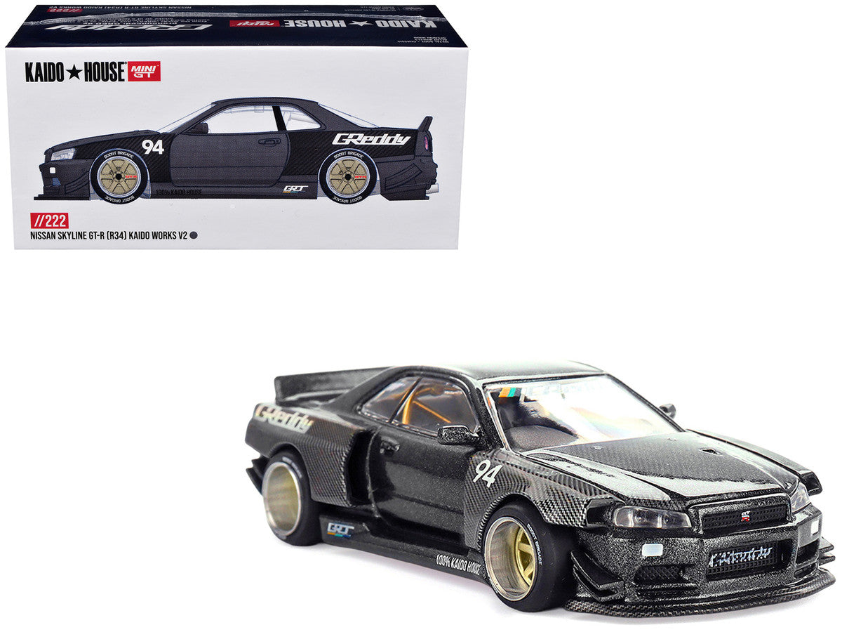Nissan Skyline GT-R (R34) RHD (Right Hand Drive) #94 "Kaido Works GReddy V2" Carbon Fiber and Dark Gray Metallic (Designed by Jun Imai) "Kaido House" Special 1/64 Diecast Model Car by Mini GT LuxuryLifeWay Online Store