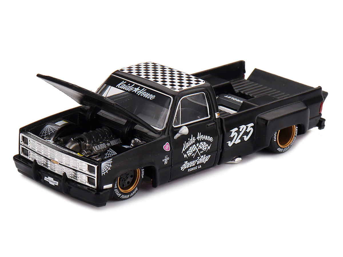 Chevrolet Silverado Dually Pickup Truck "Hot Rod V1" Matt Black with Checkered Top and Graphics (Designed by Jun Imai) "Kaido House" Special 1/64 Diecast Model Car by Mini GT LuxuryLifeWay Online Store
