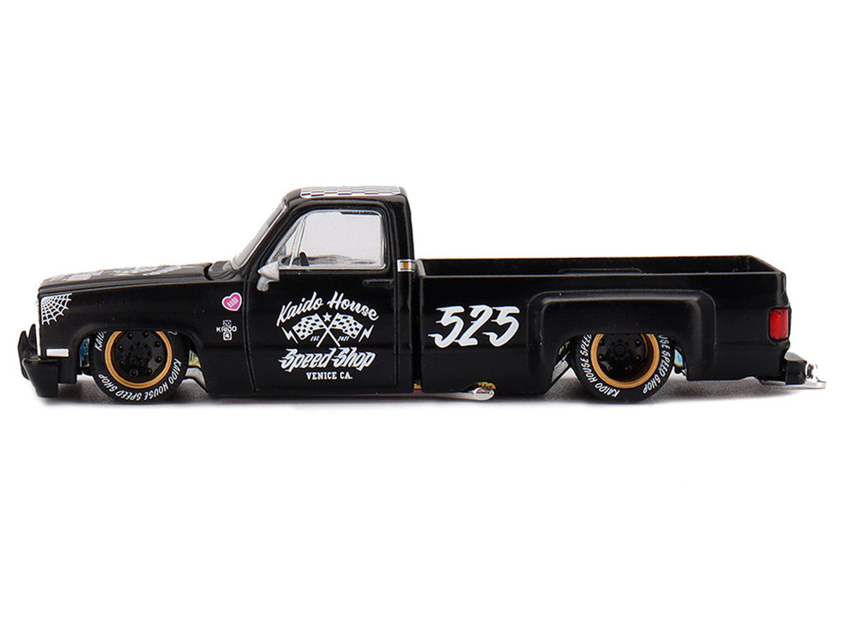 Chevrolet Silverado Dually Pickup Truck "Hot Rod V1" Matt Black with Checkered Top and Graphics (Designed by Jun Imai) "Kaido House" Special 1/64 Diecast Model Car by Mini GT LuxuryLifeWay Online Store