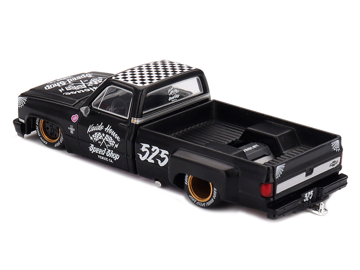 Chevrolet Silverado Dually Pickup Truck "Hot Rod V1" Matt Black with Checkered Top and Graphics (Designed by Jun Imai) "Kaido House" Special 1/64 Diecast Model Car by Mini GT LuxuryLifeWay Online Store