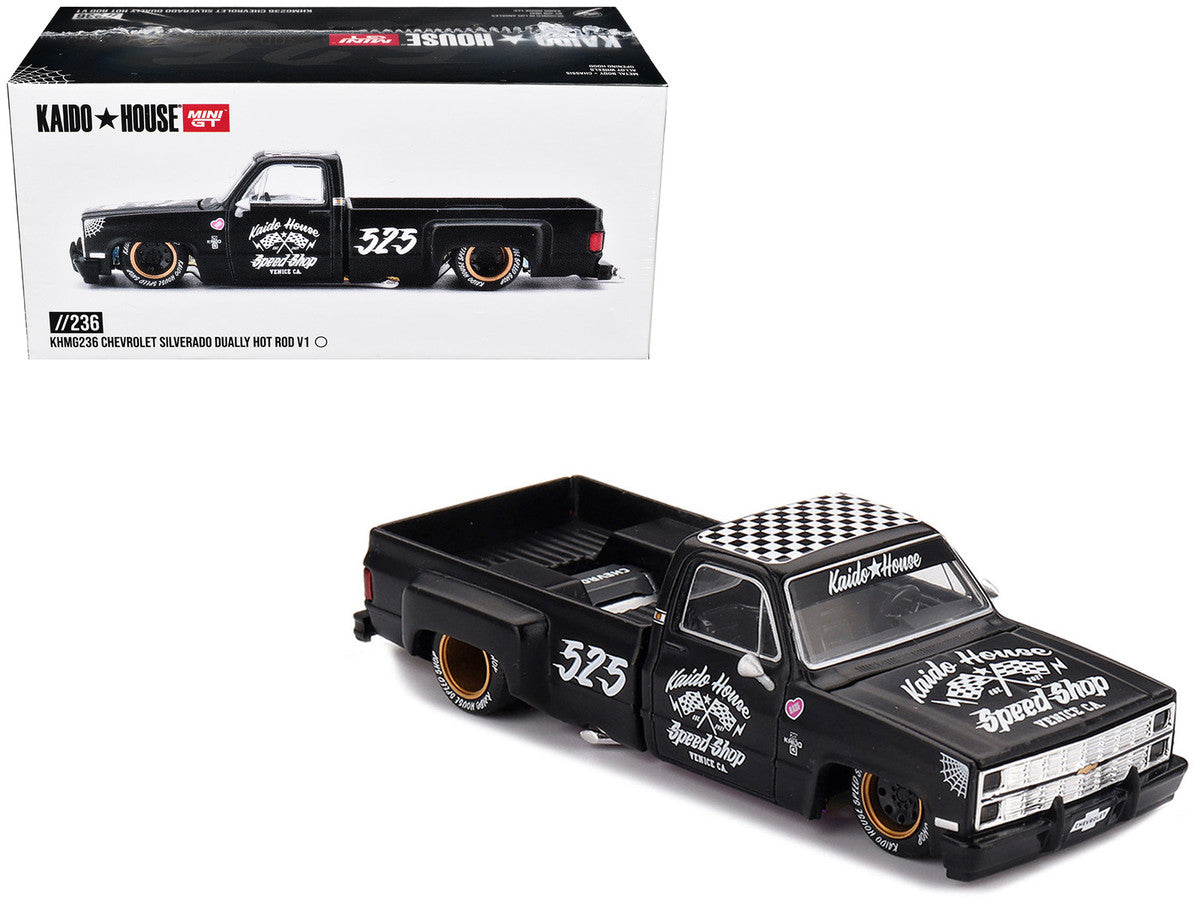 Chevrolet Silverado Dually Pickup Truck "Hot Rod V1" Matt Black with Checkered Top and Graphics (Designed by Jun Imai) "Kaido House" Special 1/64 Diecast Model Car by Mini GT LuxuryLifeWay Online Store