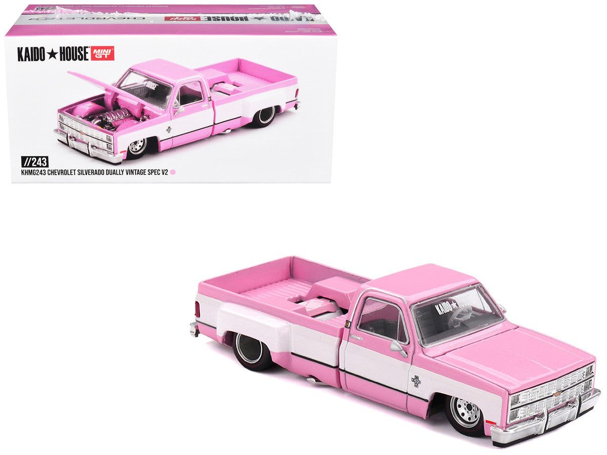 Chevrolet Silverado Dually Pickup Truck "Vintage Spec V2" Pink with White Sides (Designed by Jun Imai) "Kaido House" Special 1/64 Diecast Model Car by Mini GT LuxuryLifeWay Online Store