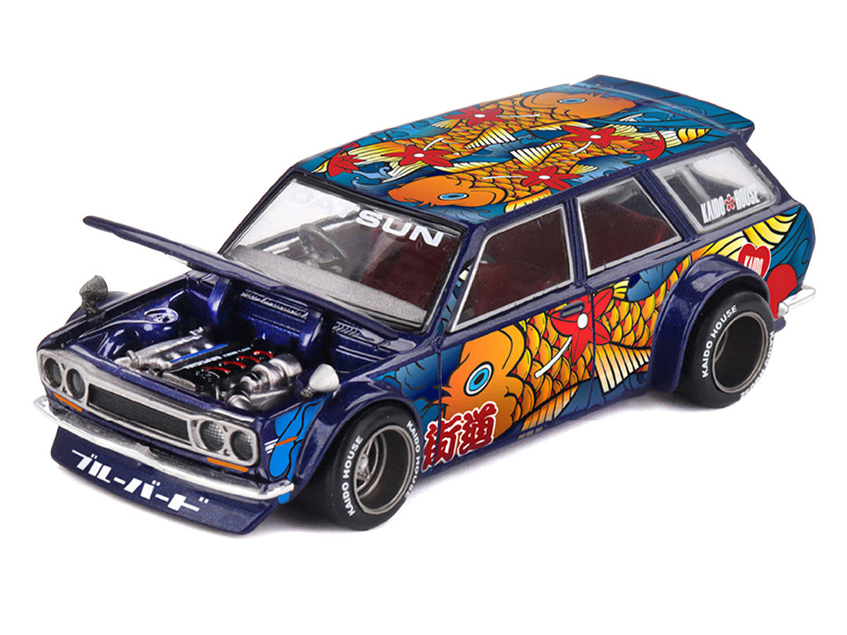 Datsun Kaido 510 Wagon RHD (Right Hand Drive) "Koi Wagon V1" Blue with Koi Fish Graphics (Designed by Jun Imai) "Kaido House" Special 1/64 Diecast Model Car by Mini GT LuxuryLifeWay Online Store