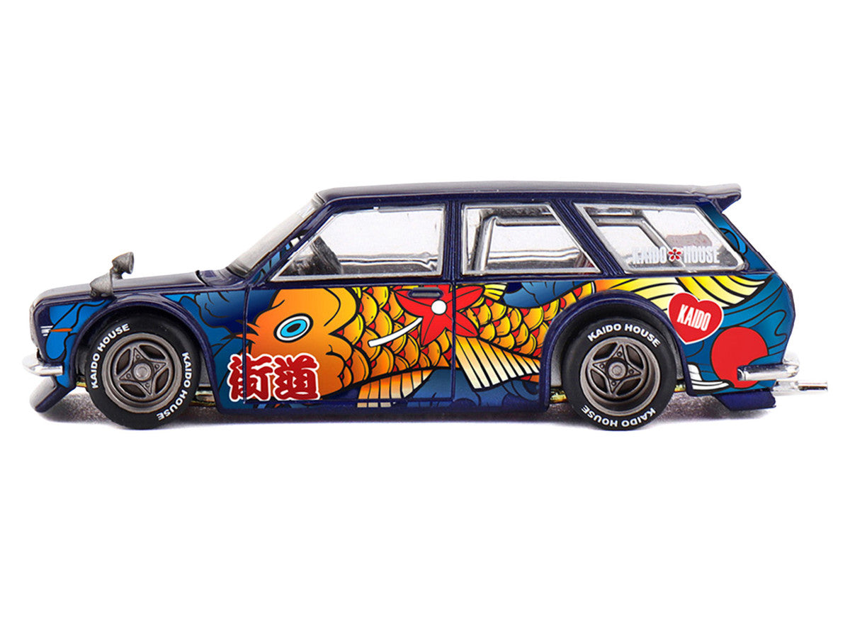 Datsun Kaido 510 Wagon RHD (Right Hand Drive) "Koi Wagon V1" Blue with Koi Fish Graphics (Designed by Jun Imai) "Kaido House" Special 1/64 Diecast Model Car by Mini GT LuxuryLifeWay Online Store