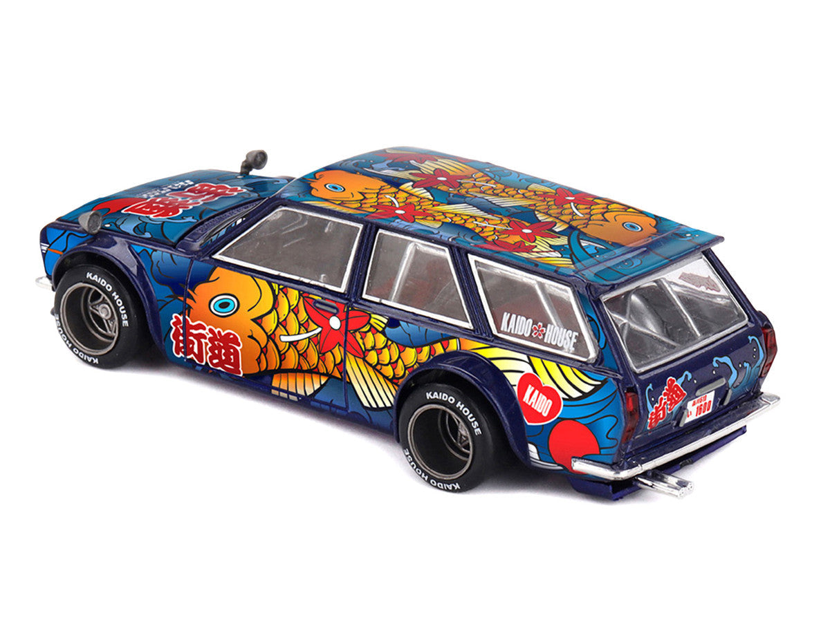 Datsun Kaido 510 Wagon RHD (Right Hand Drive) "Koi Wagon V1" Blue with Koi Fish Graphics (Designed by Jun Imai) "Kaido House" Special 1/64 Diecast Model Car by Mini GT LuxuryLifeWay Online Store