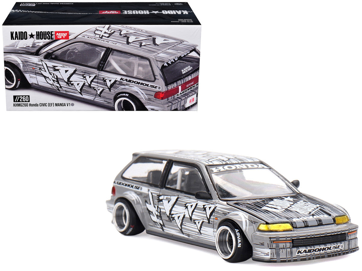 Honda Civic (EF) "Manga V1" Gray Metallic with Graphics (Designed by Jun Imai) "Kaido House" Special 1/64 Diecast Model Car by Mini GT LuxuryLifeWay Online Store