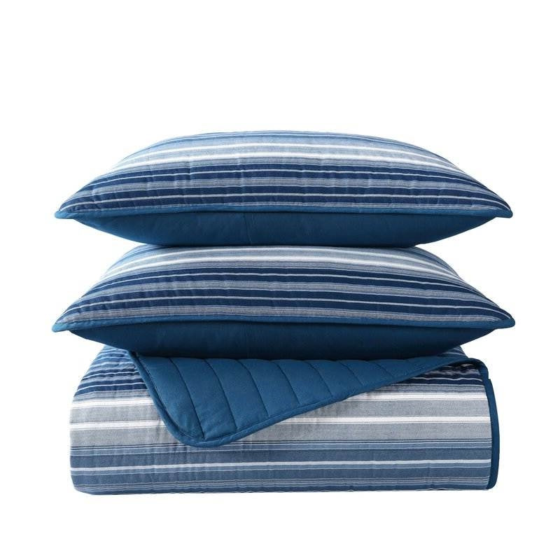 King Size Coastal Blue Stripe Reversible Cotton Quilt Set LuxuryLifeWay Online Store