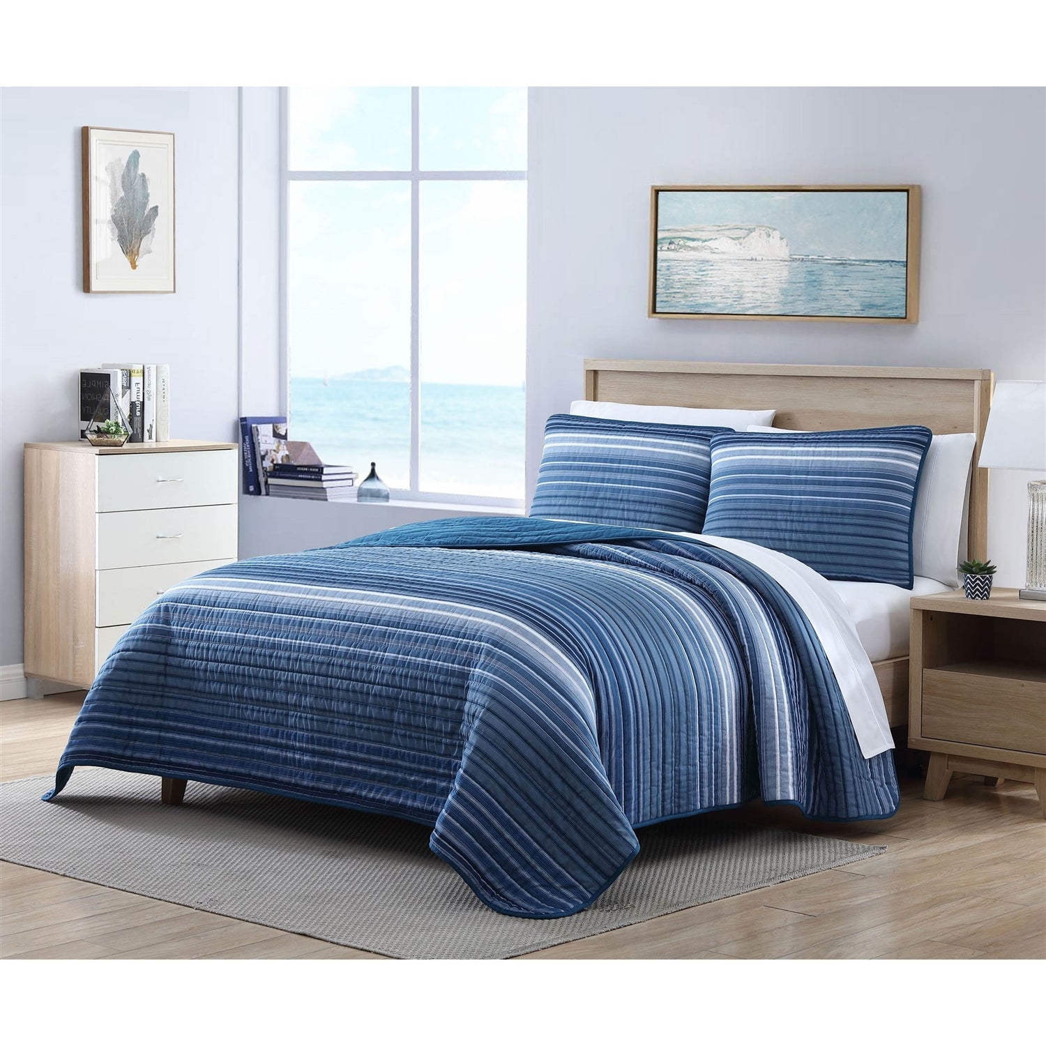 King Size Coastal Blue Stripe Reversible Cotton Quilt Set LuxuryLifeWay Online Store