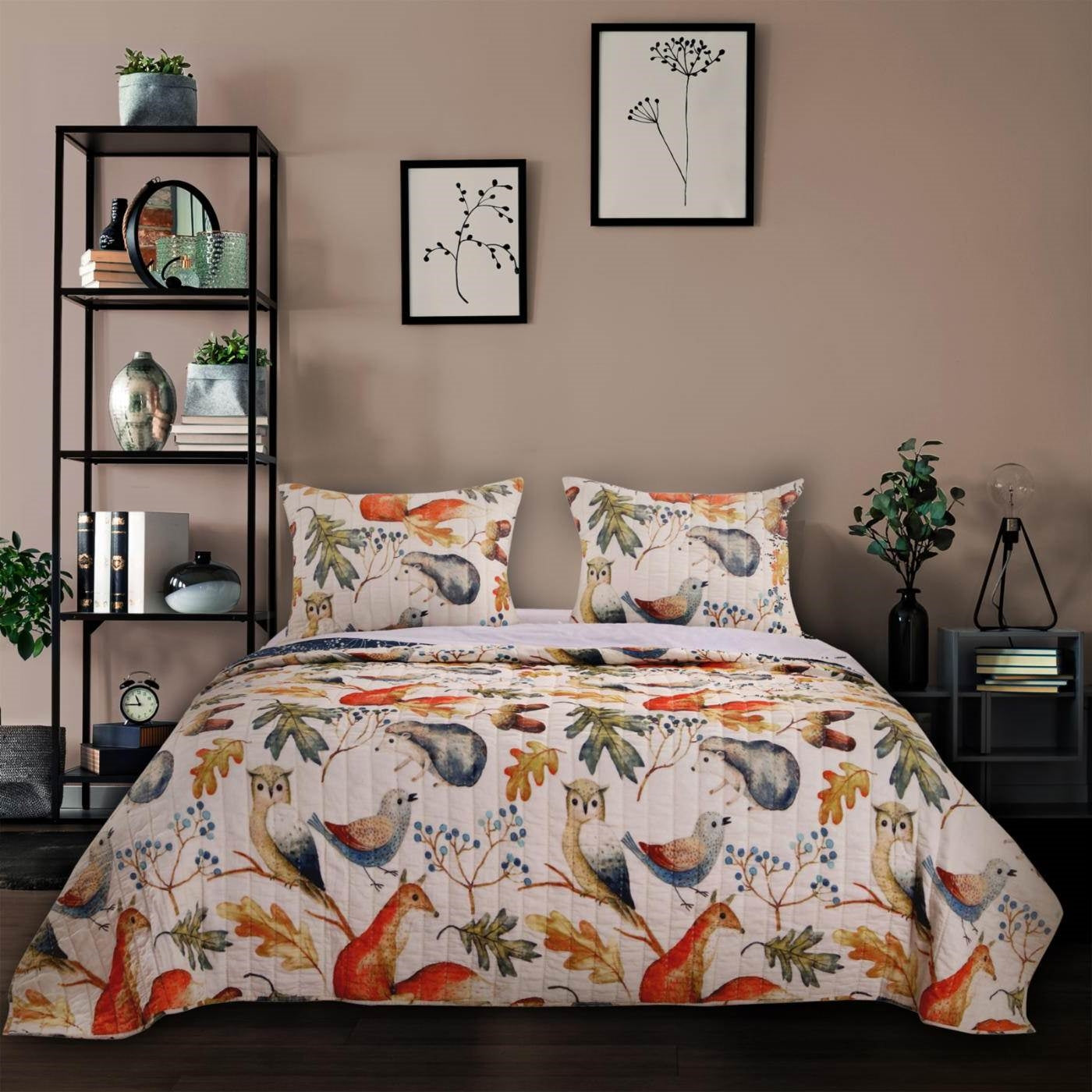 King 3 Piece Blue Beige Birds Animals Floral Microfiber Reversible Quilt Set LuxuryLifeWay Online Store