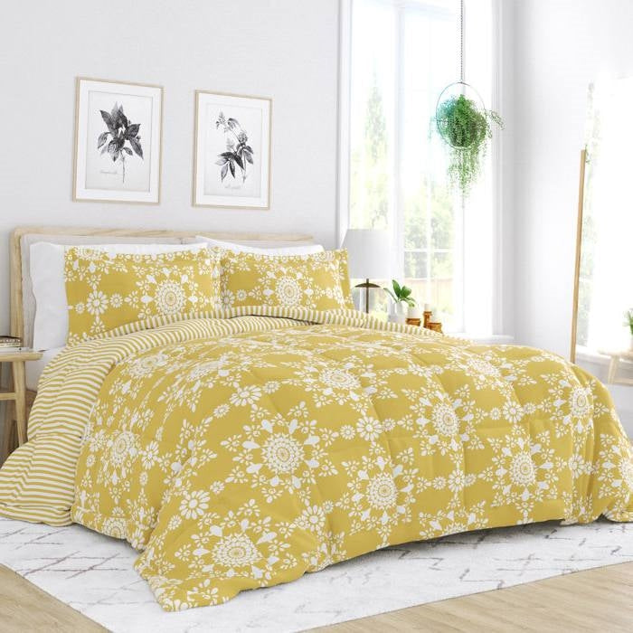King Size 3 Piece Yellow Reversible Daisy Medallion Stripped Comforter Set LuxuryLifeWay Online Store