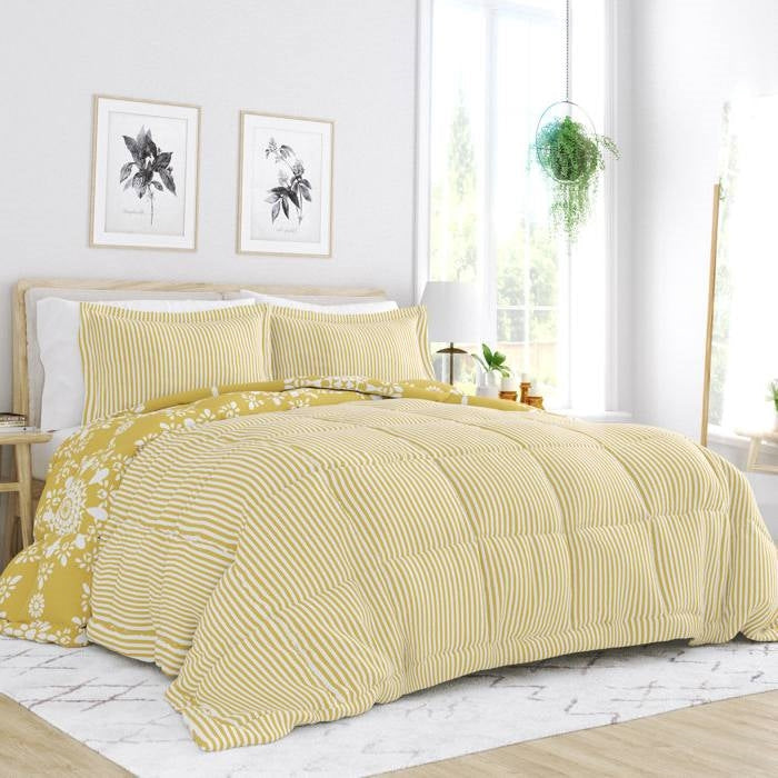King Size 3 Piece Yellow Reversible Daisy Medallion Stripped Comforter Set LuxuryLifeWay Online Store