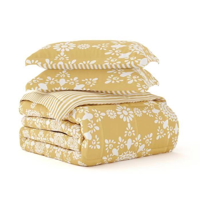 King Size 3 Piece Yellow Reversible Daisy Medallion Stripped Comforter Set LuxuryLifeWay Online Store