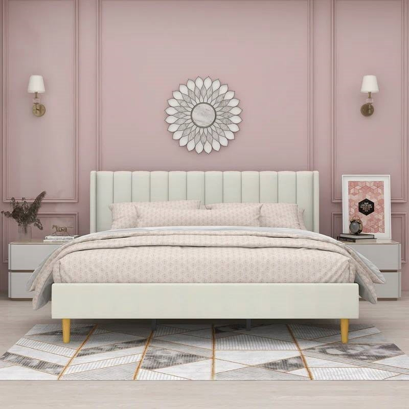King Mid-Century Platform Bed Frame with Cream Velvet Upholstered Headboard LuxuryLifeWay Online Store
