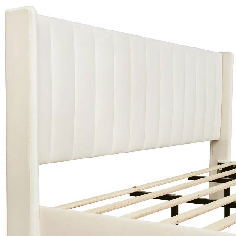 King Mid-Century Platform Bed Frame with Cream Velvet Upholstered Headboard LuxuryLifeWay Online Store