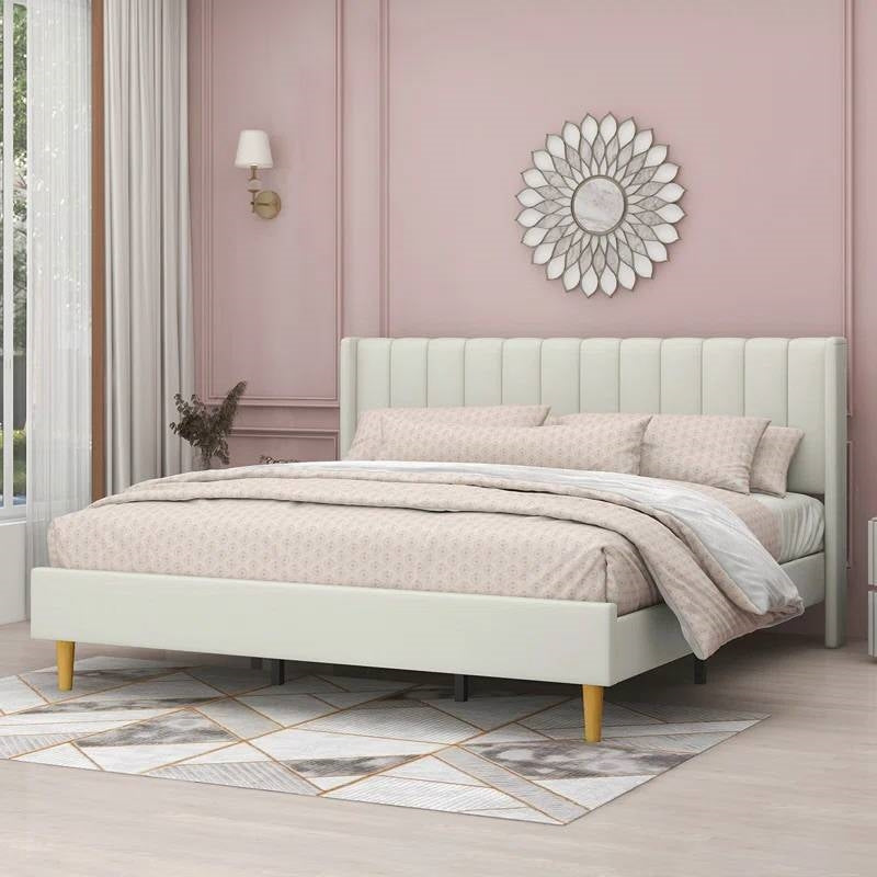 King Mid-Century Platform Bed Frame with Cream Velvet Upholstered Headboard LuxuryLifeWay Online Store