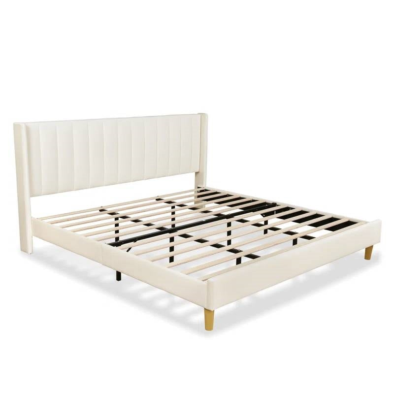 King Mid-Century Platform Bed Frame with Cream Velvet Upholstered Headboard LuxuryLifeWay Online Store