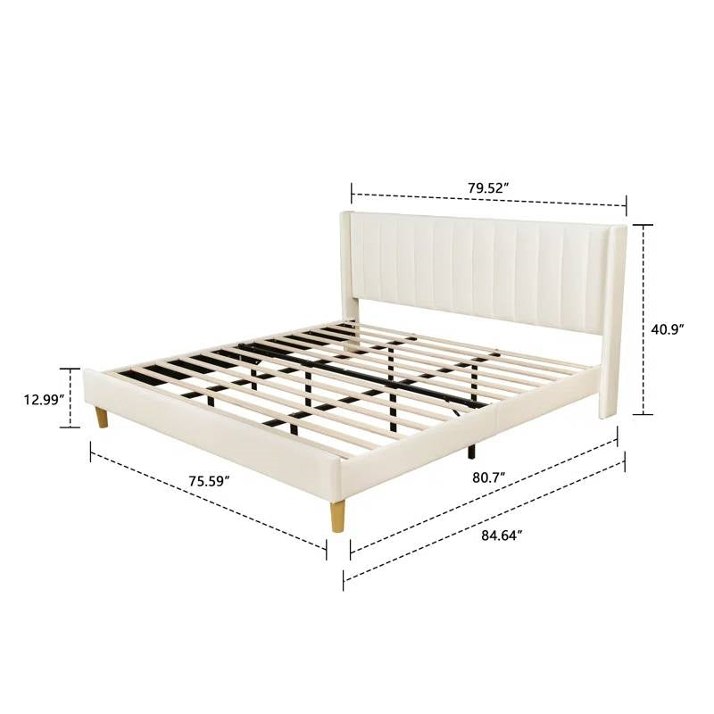 King Mid-Century Platform Bed Frame with Cream Velvet Upholstered Headboard LuxuryLifeWay Online Store