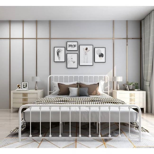 King White Metal Platform Bed Frame with Rounded Corners Headboard Footboard LuxuryLifeWay Online Store