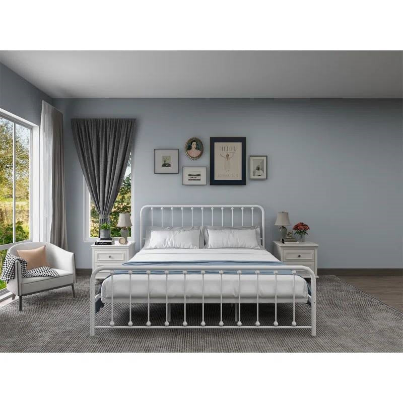 King White Metal Platform Bed Frame with Rounded Corners Headboard Footboard LuxuryLifeWay Online Store