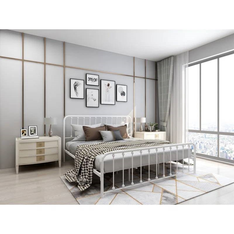 King White Metal Platform Bed Frame with Rounded Corners Headboard Footboard LuxuryLifeWay Online Store