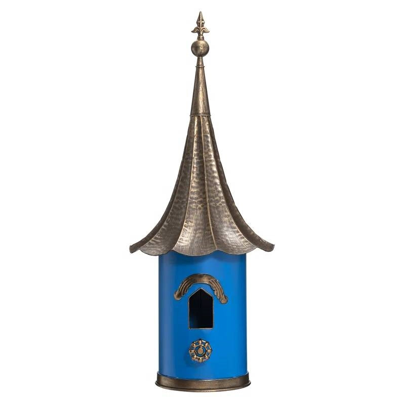 Outdoor Teal Blue Metal Birdhouse with Vintage Bronze Phonograph Style Roof LuxuryLifeWay Online Store
